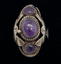 Old Sterling Silver And Amethyst Poison Ring, Mexico, Size 6, Adjustable