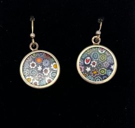 Sterling Silver Murano Style Art Glass Dangle Earrings, Floral Pattern Pendants