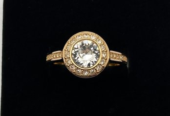 Swarovski Crystal Angelic Gold Toned Ring, Round Crystal Center Surrounded By Pave Accents, Size 6