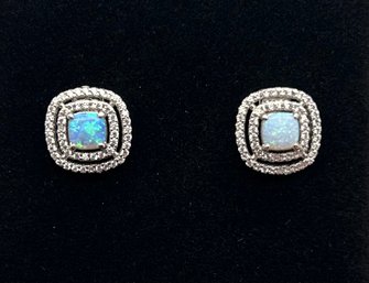 Sterling Silver Double Halo Clear Stones Stud Earrings, Center Lab Opal