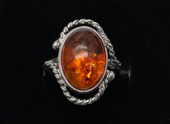 Large Oval Cabochon Honey Baltic Amber Sterling Silver Ring, Size 5
