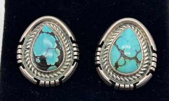 Navajo Artist Jon McRay Signed Sterling Silver Turquoise Earrings, Indian Hand Made Sterling Silver IHMSS