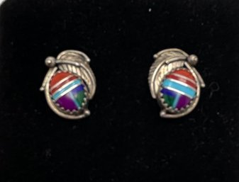 Southwestern Style, Sterling Silver Multi-stone Inlaid Feather Earrings