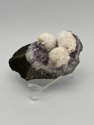 Amethyst With Spherical Okenite Crystals, Rare Combination For Metaphysics, With Lucite Stand