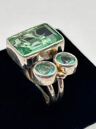 Sterling Silver Ring With Large Cut Green Gemstones, Size 7-8 Adjustable