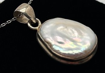 Large Sterling Silver Baroque Pearl Pendant, India, W/ 18-20 Inch Adjustable Chain