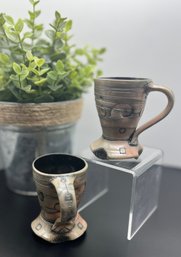 Signed Husby Pottery, Handmade Salt Glazed Stoneware Small Mugs With Slip-Inlay Designs