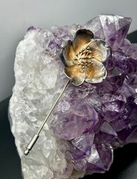 Sterling Silver Artisan Dimensional Flower Hat/ Lapel Stick Pin, With End Cap, Marked 925