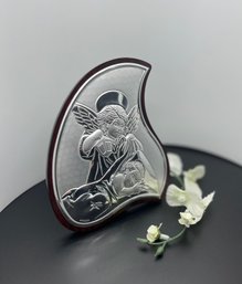 Silver Laminated Relief, Guardian Angel Scene, Teardrop Shaped  Wooden Backing With Fixed Stand