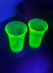 Pair Of Green Depression Glass Fluted Shotglasses, Glow Under UV Light, 1.5' Diameter