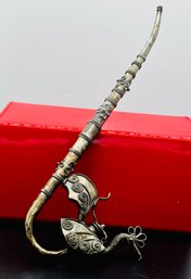 Antique Silver Metal Ornate Smoking Pipe, Peacock & Flower Filigree Design, Pipe Stem Stuck, No Bell Charm