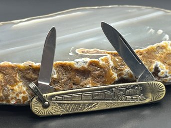 Locomotive Train & Tressel Imperial Stainless Two-Blade Folding Pocket Knife/Pen Knife, Engraved Brass Handle