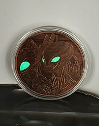 Five Ounce Glow In The Dark Alien Colorized .999 Fine Copper Round, 2.5' Diameter, In Capsule Case