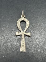 Textured Egyptian Ankh Pendant, Symbols And Sterling Silver Hallmark On Back, 1.5'