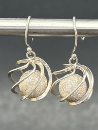 Sterling Silver Swirling Caged Ball Dangle Earrings, Marked 925. 5/8'