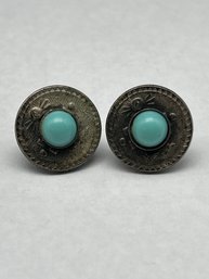 Southwestern Disc Style Sterling Silver Screwback Earrings With Polished Turquoise Dome Center, 7/8'