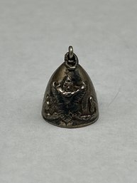 Old Sterling Silver Bell Charm With Double Sided Relief Of Winged God / Idol, Missing Clapper, 3/4'