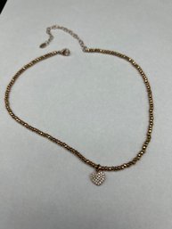 Lucas Lameth 925 Silver Rhinestone Heart Rose Gold Beaded Choker Necklace, 13-16' Adjustable, Marked LUC