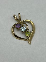 Sterling Silver Multi Gemstone Gold Toned  Heart Pendant, Marked 925 FAS, 1'