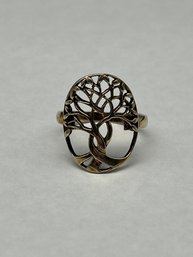 Sterling Silver Tree Of Life Gold Toned Ring, Marked 925, Size 9.25