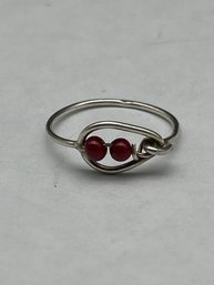 Hand Made Wire Wrapped Sterling Silver Ring With Two Red Beads, Marked 925, Size 6.5