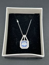 Sterling Silver 1' Inch Pendant W/Purple Asscher Princess Cut Stone, 18' Sterling Chain, Both Marked 925