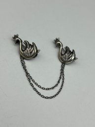 Old Sterling Silver Royal Swans Brooch, Chatelaine Pin, Pair Of 1' Crowned Swans,  2'Chains, Marked Sterling
