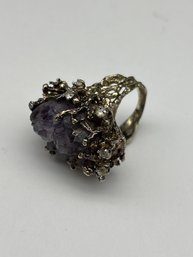 Large Raw Amethyst Crystal And Sterling Silver Ring With Small Clear Stone Accents, Size 7.25