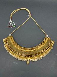 Traditional Gold Toned Polki South Indian Style Bib Necklace With Faux Pearls,  22' Adjustable Braided Rope