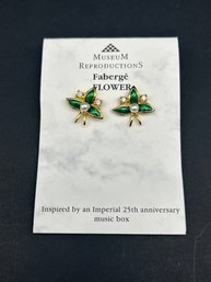 Museum Reproductions Gold Toned Faberge Flower Post Earrings, 3/4', Green Enamel, Clear Crystals