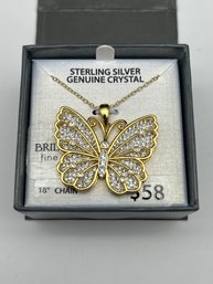 Sterling Silver Genuine Crystal Gold Toned 1' Butterfly Pendant On 18' Chain, Marked 925 JCM, New In Box