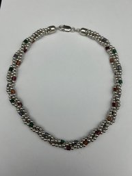 Sterling Silver 925 & Multicolored Art Glass Beads Rope Twist Bracelet, Lobster Claw Clasp, Floral Caps, 16'