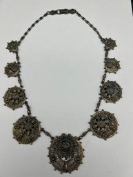 1940s Etruscan Filigree Indo-craft Rice Weinder Co. Medallion Necklace,  16', Intricate Metalwork Medallions