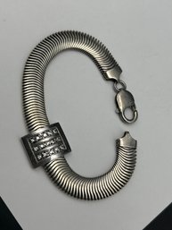 Thick Sterling Silver Herringbone Style Bracelet With Sliding Charm And Set Stones, 7', Marked 925