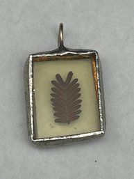 Encased Preserved Small Fern Pendant, Botanical Charm, 1', Silver Toned Unmarked Frame And Bale