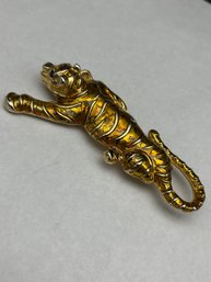 Large Gold Toned Metal And Enamel Tiger Brooch, Dark Rhinestone Eyes, 4.5'