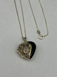Sterling Silver Cage Heart Pendant Locket With Marcasite & Onyx, Marked 925, On 16' Chain Marked 925