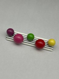 1980s Colorful  Bubble Gum Ball Style Pin, Black And White Striped Rectangular Base, 3.5'