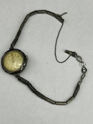 Old Wind Up Watch With 7 Inch Silver Band, Safety Clasp And Chain Marked 800