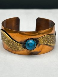 Genuine Copper Cuff Bracelet With Brass Embelishment And Polished Turquoise Stone, 2.25' With 1' Opening