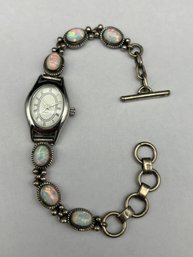 Opal And Sterling Silver Watchband With Quartz Watch, Japan Momement, Toggle Clasp,  6.5'-7.5' Adjustable