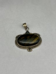 Sterling Silver Pendant With Large Cabochon Tigers Eye Stone, Marked 925, 1.5'
