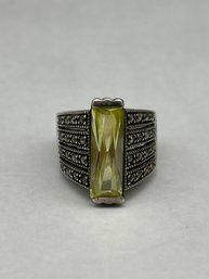 Sterling Silver And Marcasite Ring With Long Green Open Back Rectangular Stone, Marked 925, Size 9