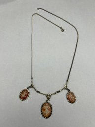 Estate Sterling Silver Carved Shell Triple-Cameo And Marcasite Necklace, Hallmarked, 18'