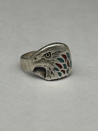Sterling Silver Southwestern Turquoise And Coral Eagle/ Hawk Face Ring, Signed VM STER, Size 8