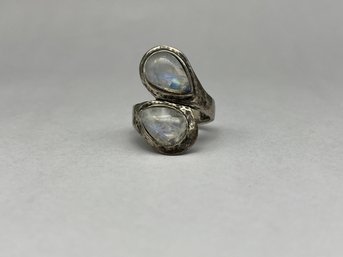 PAZ Creations Moonstone Bypass Sterling Silver Ring, ISRAEL, Marked 925, Size 8.25