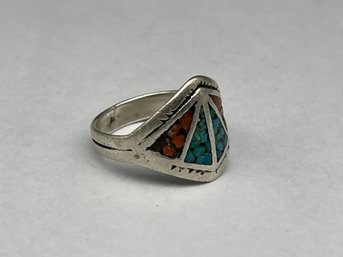 Artisan Made Vintage Native American Turquoise & Coral Chip Sterling Silver Ring, Some Chips Missing, Size 8