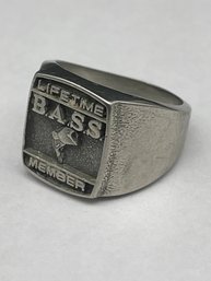 Bass Anglers Sportsman Society (B.A.S.S.) Lifetime Membership Ring, Silver Toned Metal Band, Size 8.5