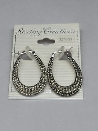 Large Sterling Silver & Black Crystal Hoop Earrings, New On Card, Unworn, 1.25'