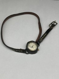 Rare Custom Artisan Made Mari & Mari Antique Watch Necklace, 16', Leather Strap, Makers Mark On Back